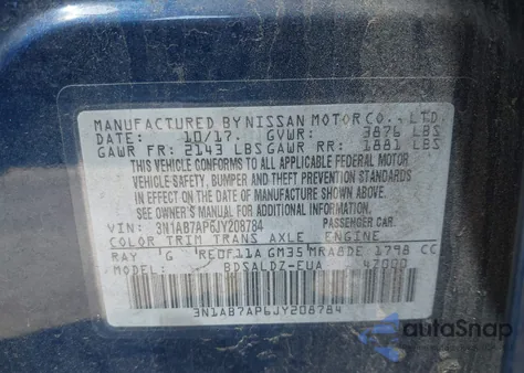 2018 Nissan Sentra Sv z USA, uszkodzony, nr VIN 3N1AB7AP6JY208784